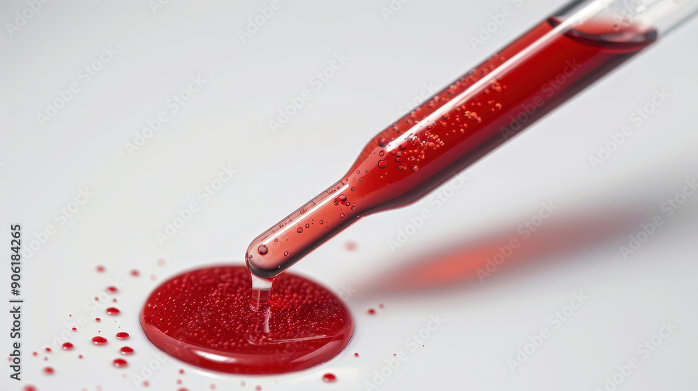 Poster a red liquid is dripping from a pipette into a series of test tubes. the tubes are lined up in a row