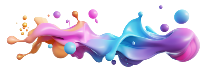 Abstract colorful gradient flowing shape with liquid spheres, rendered in 3D
