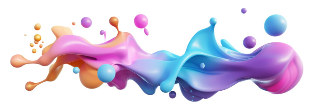 Abstract colorful gradient flowing shape with liquid spheres, rendered in 3D