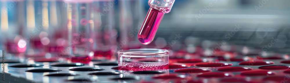 Aufkleber a red liquid is dripping from a pipette into a series of test tubes. the tubes are lined up in a row