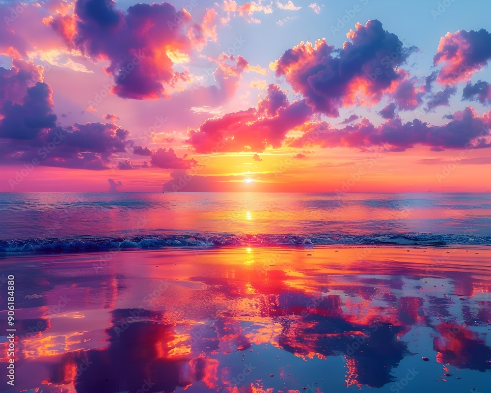 Wall mural Breathtaking Sunset Over Serene Tropical Beach with Vibrant Reflection