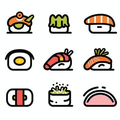 Set nine colorful sushi sashimi icons featuring different types Japanese cuisine. Simple line art style bold outlines flat colors representing traditional Asian food. Sushi rolls, nigiri, sashimi
