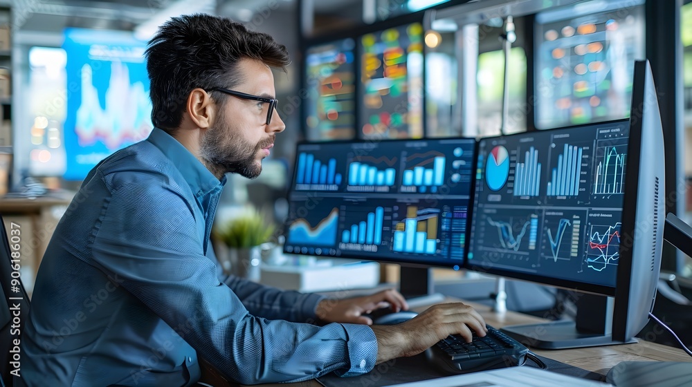 Aufkleber business analyst reviewing financial data on multiple computer monitors in modern office workspace