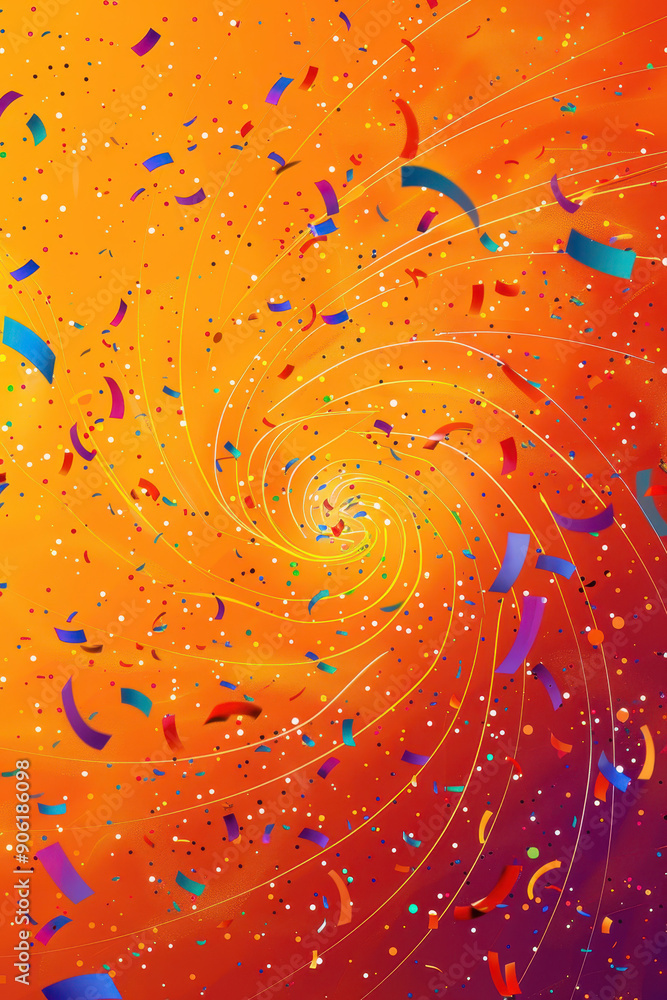 Poster a colorful swirl of confetti with a blue object in the center. the image has a fun and playful mood,
