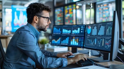 Business analyst reviewing financial data on multiple computer monitors in modern office workspace