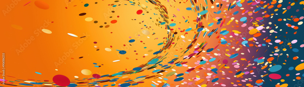 Poster a colorful swirl of confetti with a blue object in the center. the image has a fun and playful mood,