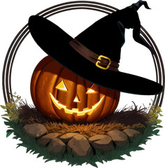 Grinning orange pumpkin dons festive hat,  Halloween fun