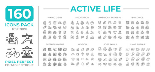 Active life line icons set collection. Buildings, communication. Entertainment. Hiking gear, meditation mega pack of linear pictograms, pixel perfect. Isolated vector illustrations. Editable stroke
