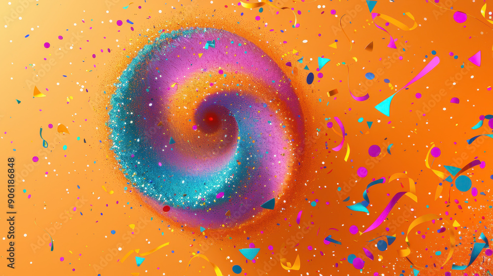 Poster a colorful swirl of confetti with a blue object in the center. the image has a fun and playful mood,