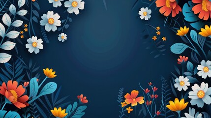 Obraz premium Floral Border with White, Orange, and Red Flowers on a Dark Blue Background