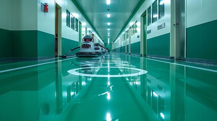 Hospital corridor with a shiny, reflective floor and cleaning machine
