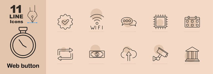 Web button set icon. Stopwatch, gear, wifi, chat, processor, calendar, exchange, money, upload, cloud, camera, bank, communication, technology, online, digital, transaction, internet, security, timer