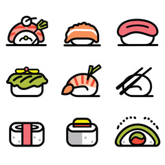 Set nine sushi sashimi icons, simple flat design outlines. Illustration includes nigiri, maki rolls, more. Colorful icons featuring traditional Japanese cuisine items