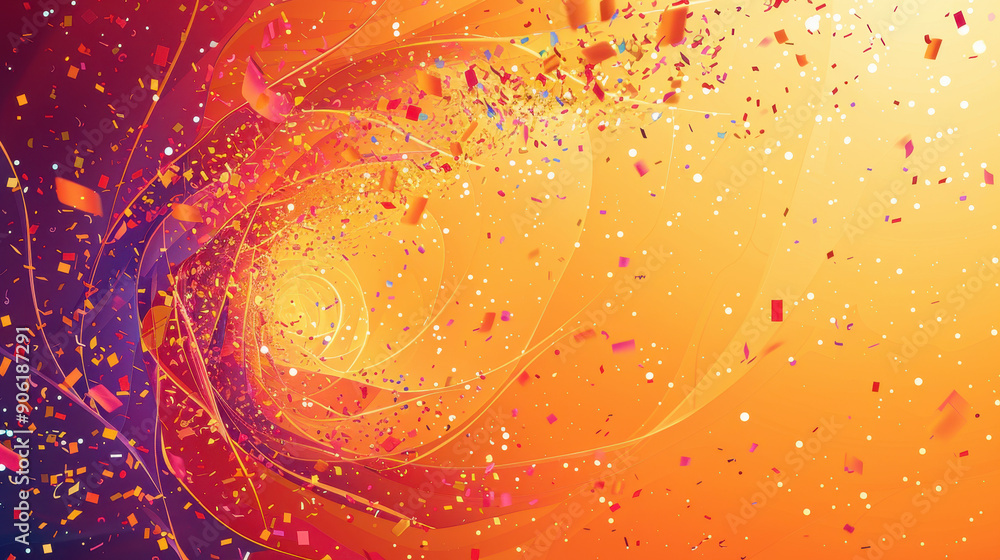Poster a colorful swirl of confetti with a blue object in the center. the image has a fun and playful mood,