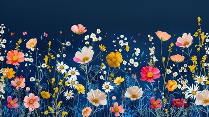 A Colorful Field of Wildflowers Against a Deep Blue Sky