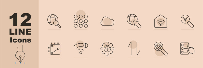Internet set icon. Globe with magnifying glass, network nodes, cloud, globe with cursor, house, magnifying glass, circuit, signal with alert, gear, graph, settings,
