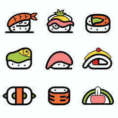 Collection sushi sashimi icons, featuring different types Japanese cuisine, icon colorful stylized, depicting various sushi rolls nigiri. White background sets apart icons clarity, emphasizing Asian
