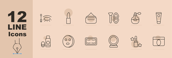 Beauty set icon. Eye makeup, lipstick, cream jar, foundation, perfume bottle, lotion tube