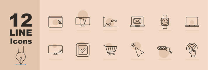 Digital device set icon. Wallet, TV, graph, email, smartwatch, laptop, desktop monitor, checkmark, shopping cart, arrow cursor, password, touch screen