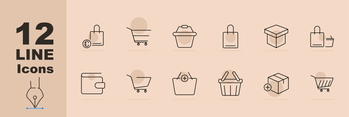 E-commerce set icon. Shopping bag, cart, basket, product box, price tag, wallet, checkout, add to cart, shopping list, discount, package, verified.