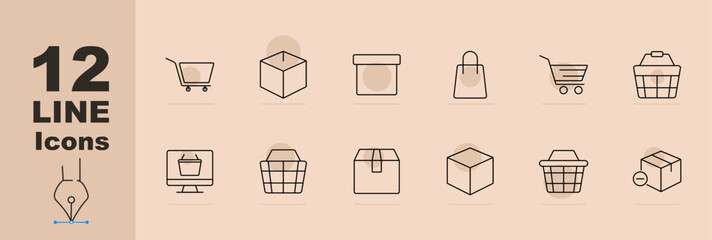 Shopping icons set. Shopping cart, product box, shopping bag, basket, ecommerce package, wallet, add to cart, remove from cart, online shopping, discount, verified package