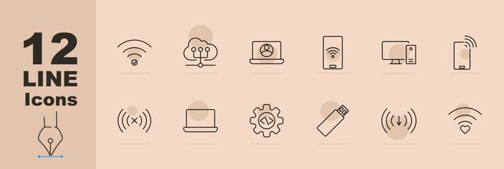 Wireless technology set icon. Wifi, cloud networking, laptop, smartphone with wifi, computer, mobile phone, signal error, laptop closed, coding gear, USB drive, download, love