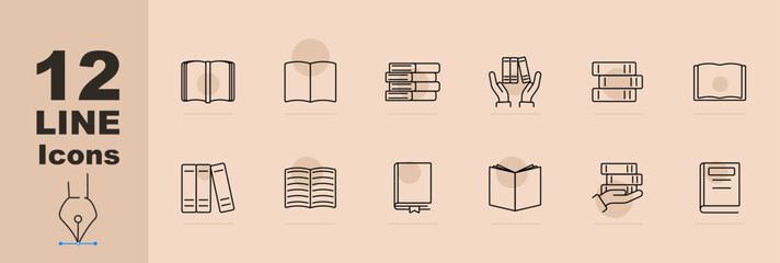 Book set icon. Open book, stacked books, reading hands, collection, single book, library shelves, vertical, reading material, bookmark, novel, holding