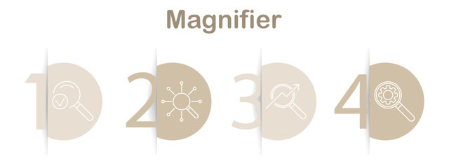 Magnifying tools line icons. Magnifier with checkmark, network, arrow growth, user search, search bar, cube search, simple magnifier, magnifier with eye, clipboard, info search, mobile magnifier