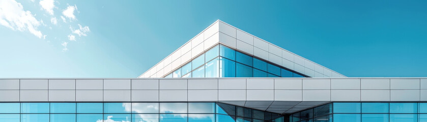 A tall building with a lot of windows and a blue sky in the background. The building is made of white and glass materials