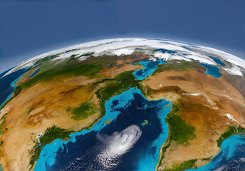 Global warming. Aerial view of Earth showing diverse landscapes, oceans, deserts, and cloud formations, climate change