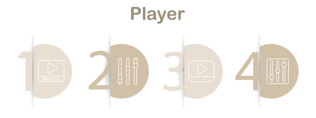 Media player icons set. Play button, media network, video player, audio volume, settings gear, playlist, audio equalizer. Linear multimedia illustrations