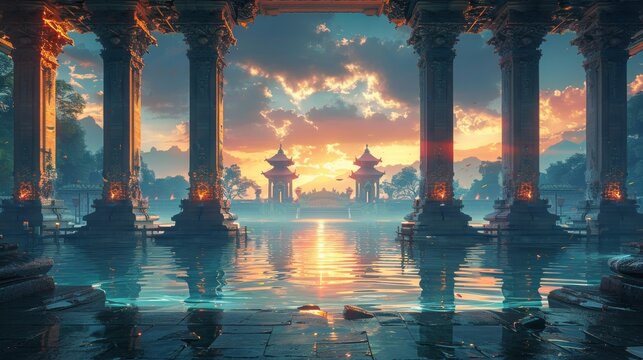 Background of ancient architecture, featuring the intricate stone carvings of an Indonesian temple, reflects the rich cultural heritage of East Java with a vintage design