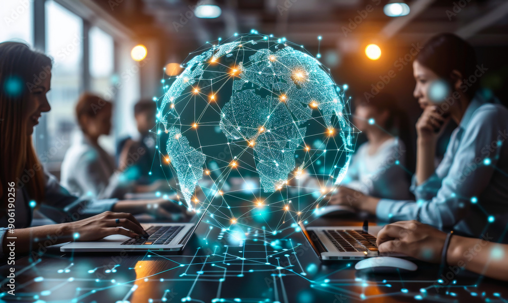 Poster global business digital organization | diverse team collaborating on network data exchange | remote 