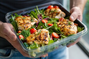 Man Holding Healthy Fitness Meal with Chicken and Fresh Green Salad Generative AI