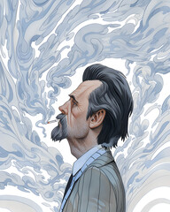 Smoking old man surrounded by smoke from cigarette. 