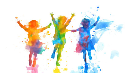 watercolor Happy abstract children silhouette isolated on transparent white background, clipping path 
