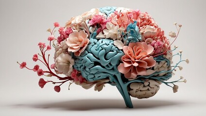 Blooming Brain: Neuroscience Art with Flowers and Leaves on White Background