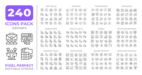 IT business management line icons set collection. AI, finance. Corporate soft skills, online security mega pack of linear pictograms, pixel perfect. Isolated vector illustrations. Editable stroke
