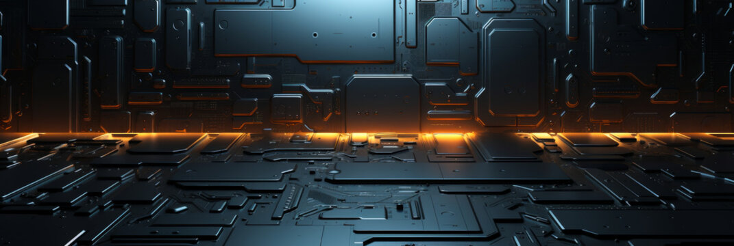 Futuristic Sci-Fi Design with Dark Neon Panels and Abstract Shapes - Moody Widescreen Background