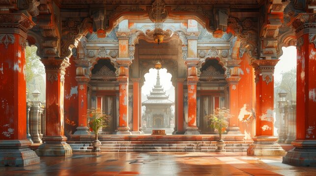 Background of ancient architecture, featuring the intricate stone carvings of an Indonesian temple, reflects the rich cultural heritage of East Java with a vintage design