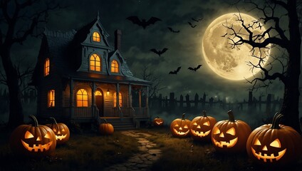 Fototapeta premium Spooky Halloween Night Scene with Pumpkins and Haunted House