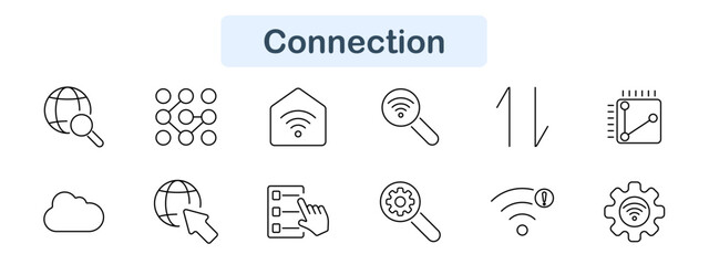 Connection icon set in line art style. Globe, network, Wi-Fi, cloud, click, touchscreen, gear, vector line art