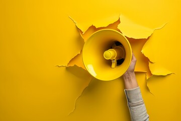 Close-up of a Hand Holding a Megaphone through a Hole in a Vibrant Yellow Paper, Speaking Louder Generative AI