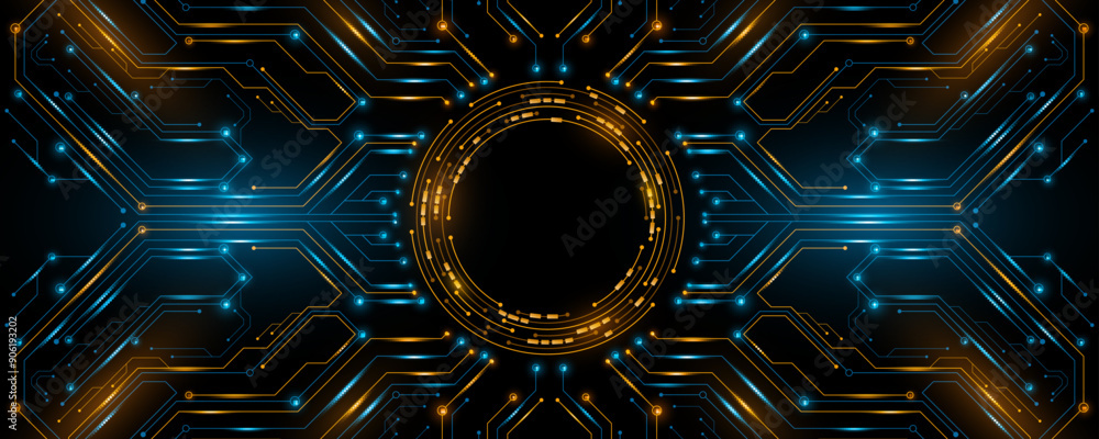 Poster ai glowing circuit board background. connected blue lines with hi-tech electronics elements. compute