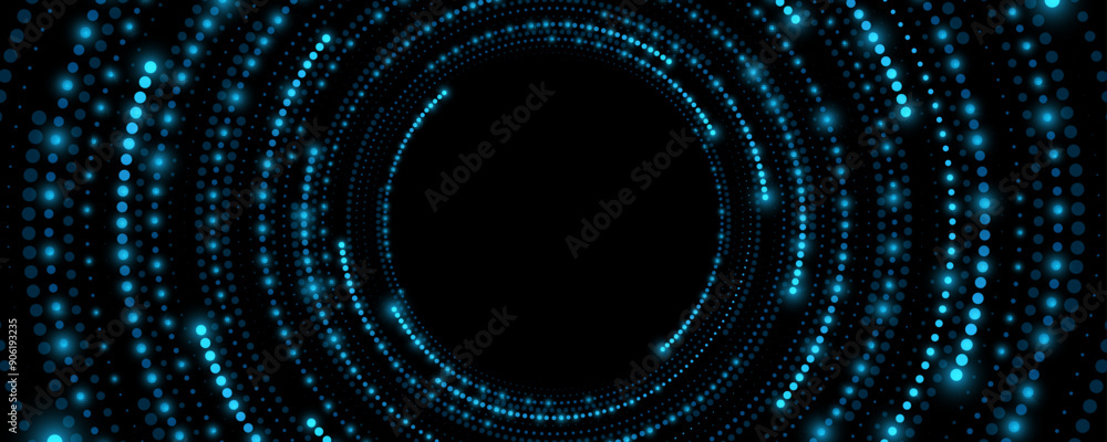 Poster futuristic digital circles of glowing dots on black background. big data visualization into cyberspa