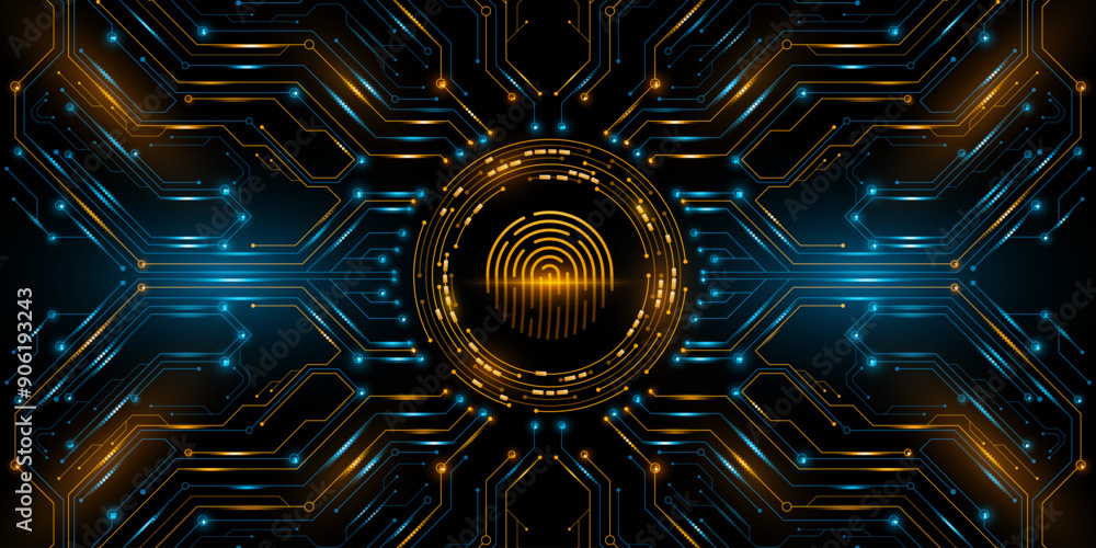 Aufkleber glowing circuit board with scanning user fingerprint. ai digital touch panel. connected blue lines w