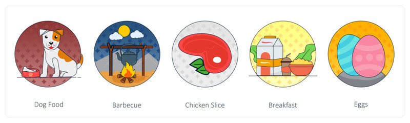 A set of 5 Mix icons as dog food, barbecue, chicken slice