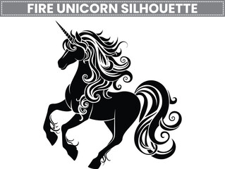 silhouette of a horse, Fire unicorn silhouette, A whimsical Fire unicorn doodle style. This illustration captures the magic of the mythical creature with a flowing mane and elegant horn.