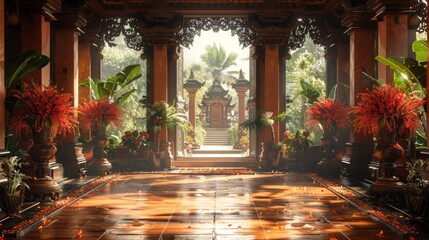 Background of ancient architecture, featuring the intricate stone carvings of an Indonesian temple, reflects the rich cultural heritage of East Java with a vintage design