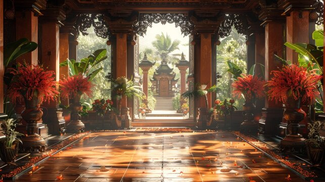 Background of ancient architecture, featuring the intricate stone carvings of an Indonesian temple, reflects the rich cultural heritage of East Java with a vintage design
